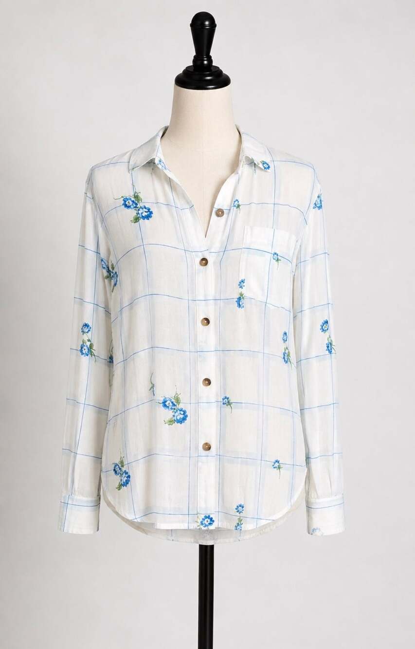 Free People Window to My Heart Floral Plaid Button Down Shirt XS